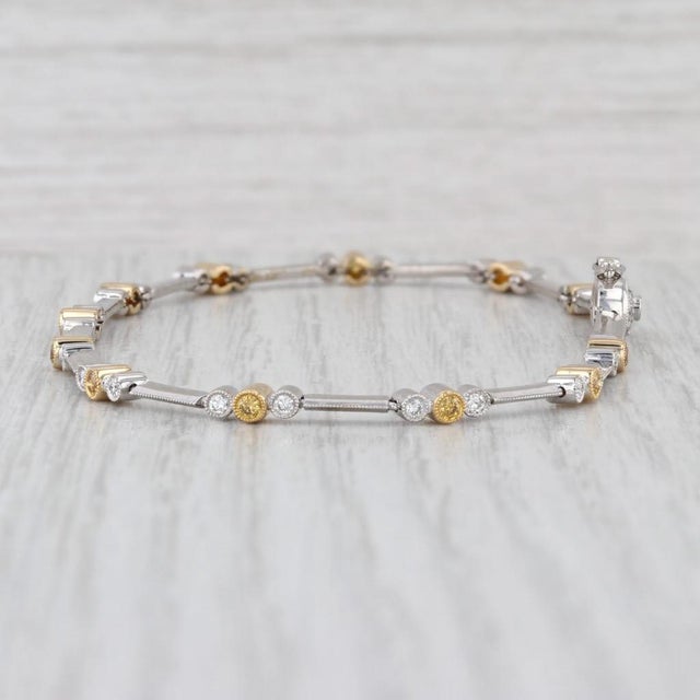 0.68ctw White Yellow Diamond Bracelet 18k White Yellow Gold 7.5" Bar Chain For Sale - Image 4 of 7
