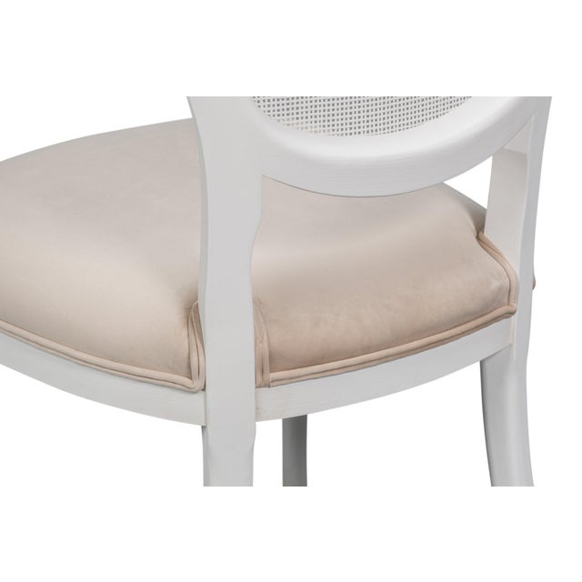 Wood Cane Back Dining Chairs in White with Taupe Velvet, Sets of 2 For Sale - Image 7 of 11