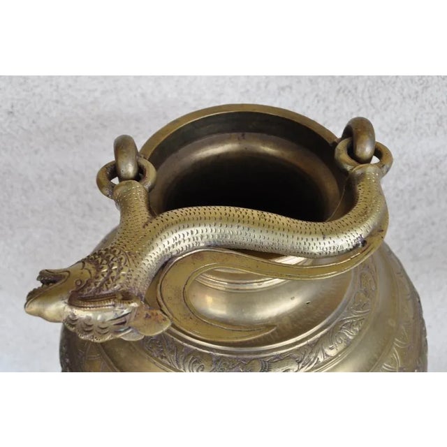 Antique Indian or Sri Lankan Brass Ceremonial Temple Water Vessel With Relief Art and Leopard Form Handle For Sale In San Francisco - Image 6 of 12