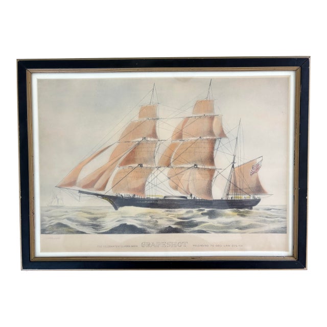 Currier & Ives “The Celebrated Clipper Bark Grapeshot Belonging to Geo. Law Esq. n.y.” Hand Colored 1855 Lithograph in Original Frame For Sale