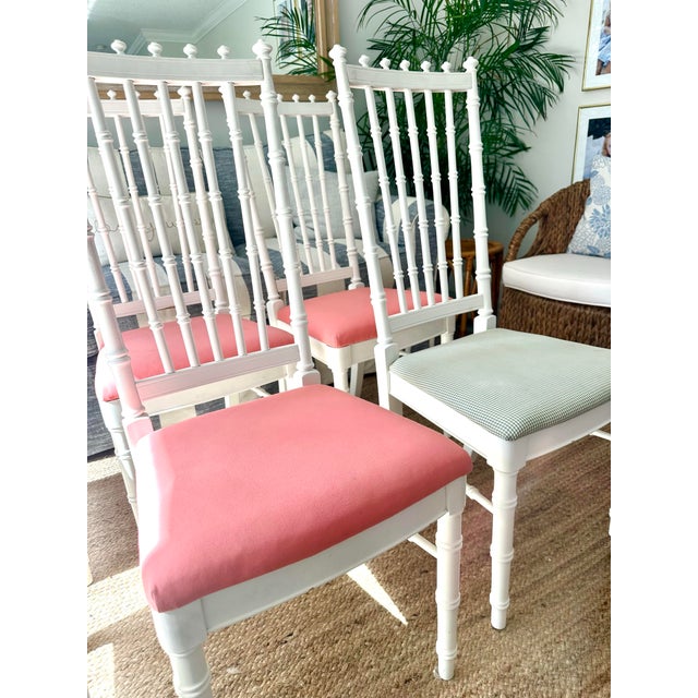 Hollywood Regency Set of 6 Vintage White Faux Bamboo Dining Chairs For Sale - Image 3 of 6