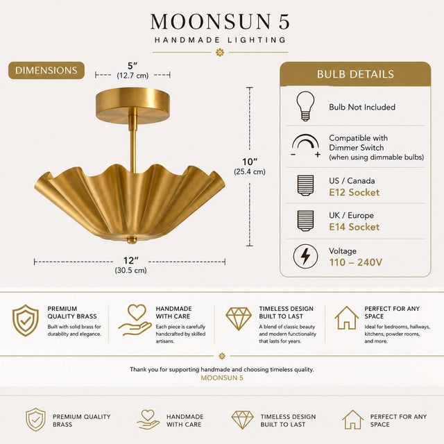 Not Yet Made - Made To Order Scalloped Brass Flush Mount Ceiling Light, Mid Century Modern Brass Ceiling Fixture, Flower Shade Semi Flush Light for Bedroom Hallway Foyer For Sale - Image 5 of 8