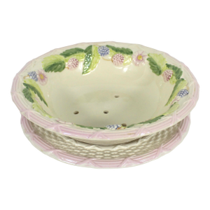 Vintage Ceramic French Majolica Colander or Berry Bowl With Drainage Platter for Draining, Holes, Fruit Strainer Serving Pink 2 Piece Set