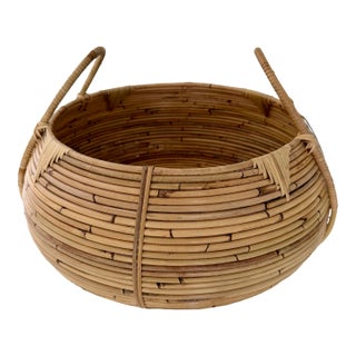 Oversized Handwoven Pencil Reed Rattan Basket With Handles For Sale