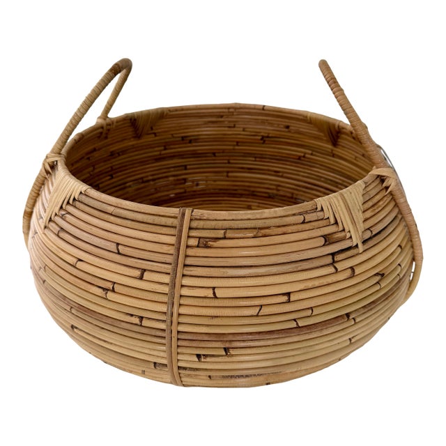 Oversized Handwoven Pencil Reed Rattan Basket With Handles For Sale