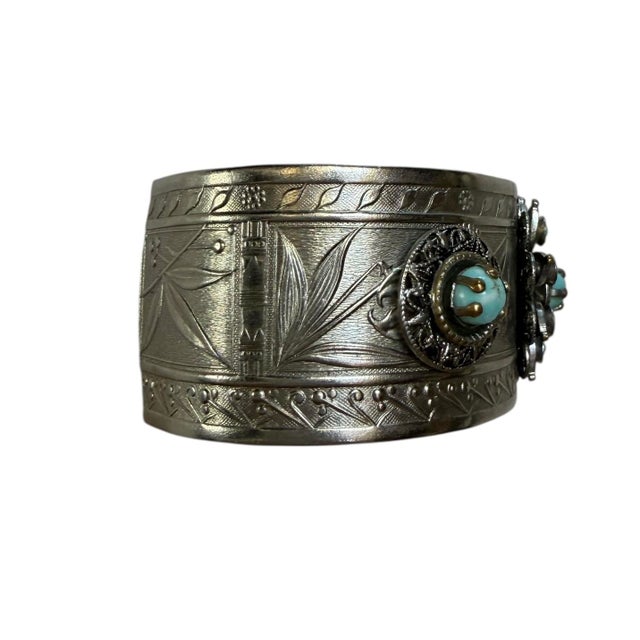 Vintage Silver Plated Cuff With Turquoise Beads and Scrollwork For Sale In Los Angeles - Image 6 of 7