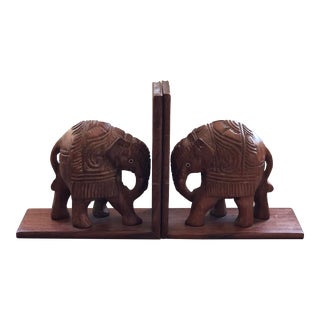 Vintage Pair of Hand Carved Wood Elephant Bookends For Sale