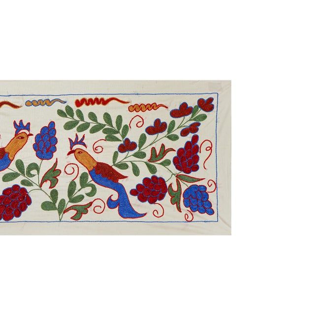 Uzbek Suzani Embroidery | Colorful Bird & Floral Motif Wall Tapestry Art 1'4'' X 3'1'' For Sale - Image 4 of 10