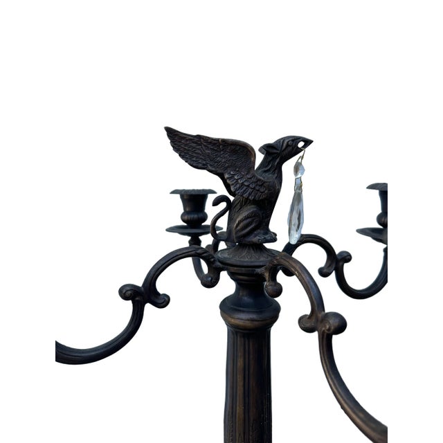 Antique Neoclassical Gothic Bronze Candelabra w/Griffin Finial & Crystal Antique bronze four arm Candelabra with winged...