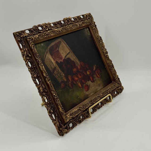 Dark Green Antique 1892 Strawberry Still Life Oil Painting Signed Ornate Gilt Frame For Sale - Image 8 of 12