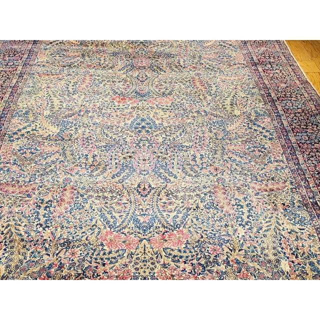 Vintage Oversized Persian Kerman Lavar Rug, Hand-Knotted Wool, Floral Pattern, Ivory & Blue, 11’ X 18’ For Sale - Image 11 of 16