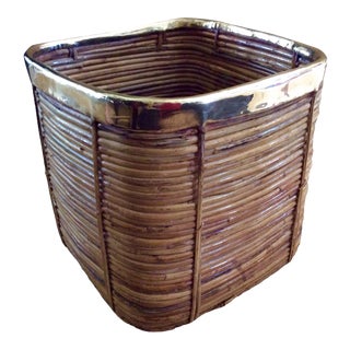 Vintage Pencil Reed Coiled Bamboo Planter Basket With Brass Rim For Sale