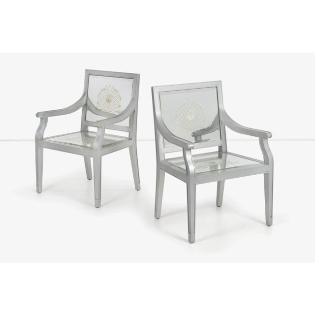 Custom Phillip Starck mirrored Louis XVI style chairs, Cliff Hotel San Francisco, silver painted wood with cut mirrored...