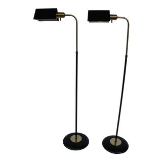 1970s Mid-Century Modern Black and Brass Tent Shade Pharmacy Floor Lamps in the Style of Koch & Lowy - a Pair For Sale
