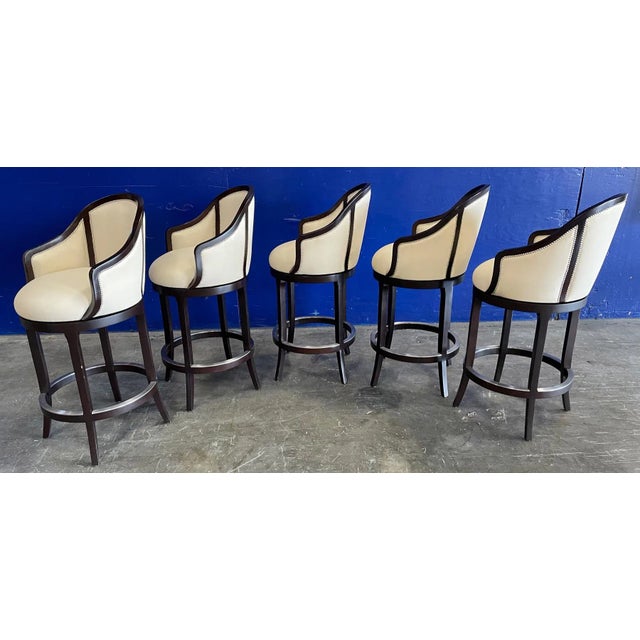Contemporary Dark Mahogany Finish & Majilite Cream Nytex Upholstered Levant Barstools Set of 5 From the Madeline Stuart Collection For Sale - Image 3 of 12