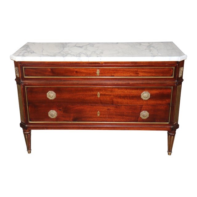 French Louis XVI Directoire Style Brass Mounted White Marble Top Commode For Sale
