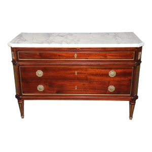 French Louis XVI Directoire Style Brass Mounted White Marble Top Commode