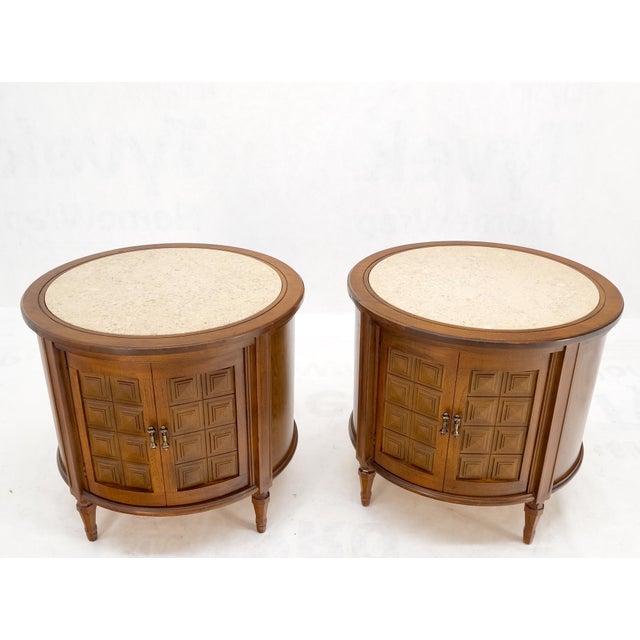 Pair Round Drum Barrel Shape Travertine Top Two Doors End Side Tables Stand Mint For Sale - Image 9 of 13