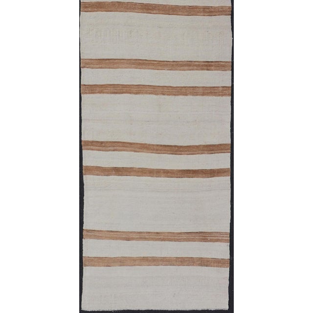 Vintage Turkish Kilim Runner With Horizontal Stripes in Ivory and Cognac For Sale - Image 4 of 12