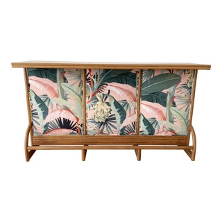 1950s Mid Century Modern Rattan Upholstered Dry Bar For Sale