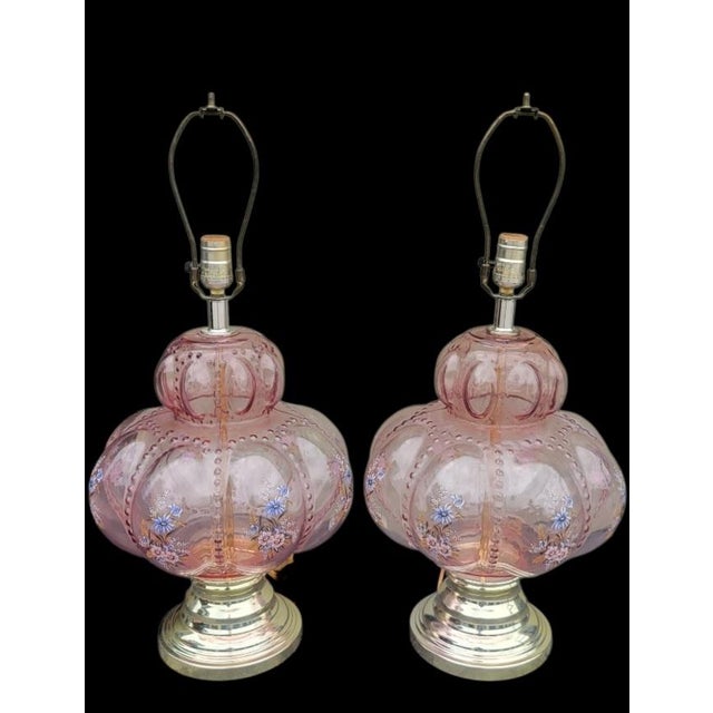 Vintage Carl Falkenstein Double Bubble Glass Pale Pink Hob Knob Painted Table Lamps Pink Pleated Shades- A Pair For Sale - Image 10 of 12