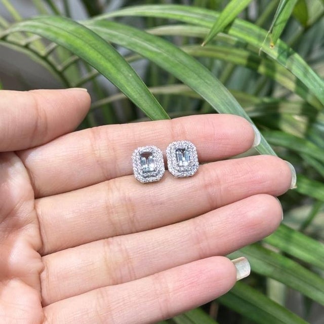 Art Deco 1.23ct Modern Aquamarine & Diamond Double Halo Stud Earrings 14k Gold- 2 Pieces For Sale - Image 3 of 16