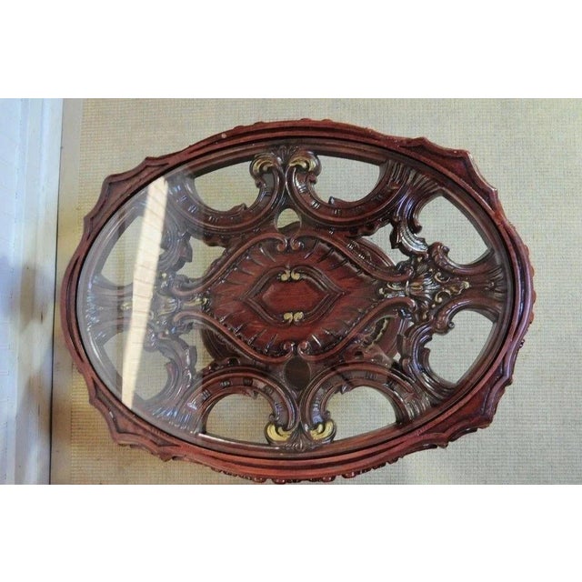 Mid 20th Century Vintage Mediterranean Style Carved Syroco Glass Top Round Low End Tables - Pair For Sale - Image 5 of 10