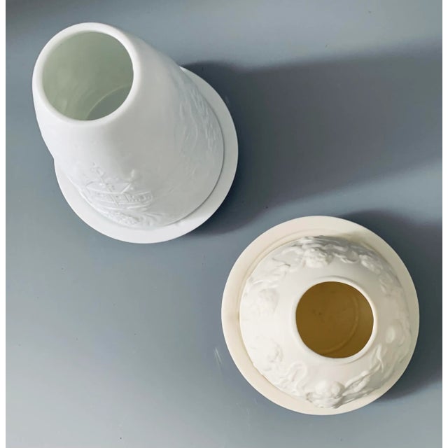 Ceramic Vintage Bisque Porcelain Votive Candle Holders, Cherub & Winter Holidays Themes, Set of 2 For Sale - Image 7 of 11