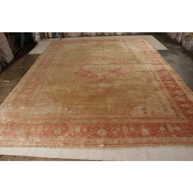 Traditional Hand-Knotted Antique Oushak Rug in Beige-Brown and Red Medallion Pattern For Sale - Image 3 of 6