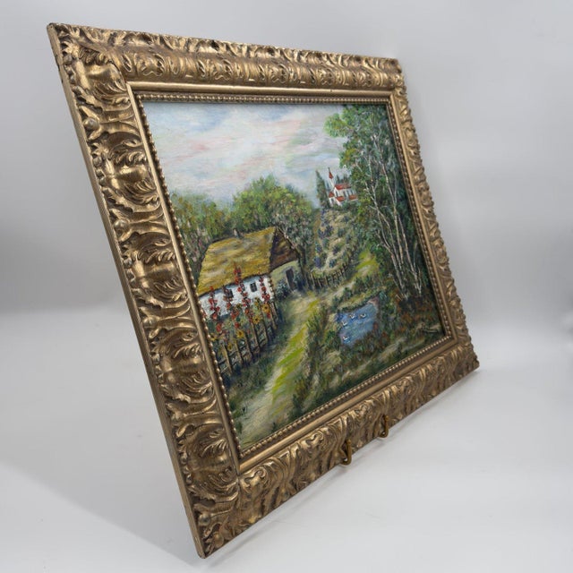 Vintage Original Oil Painting European Village Landscape Cottage Hollyhocks For Sale In Tampa - Image 6 of 14