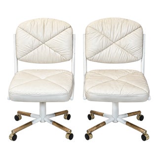 Vintage Douglas Furniture Ivory Faux-Leather Swivel Chairs on Casters — Pair For Sale