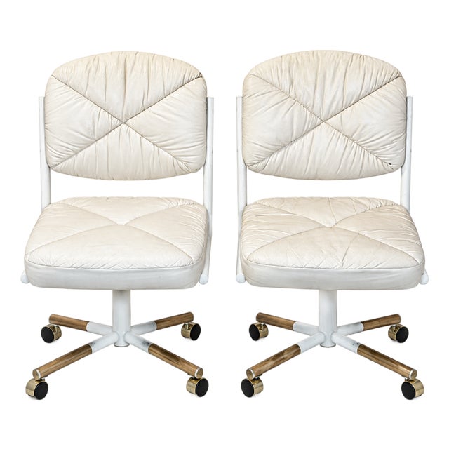 Vintage Douglas Furniture Ivory Faux-Leather Swivel Chairs on Casters — Pair For Sale