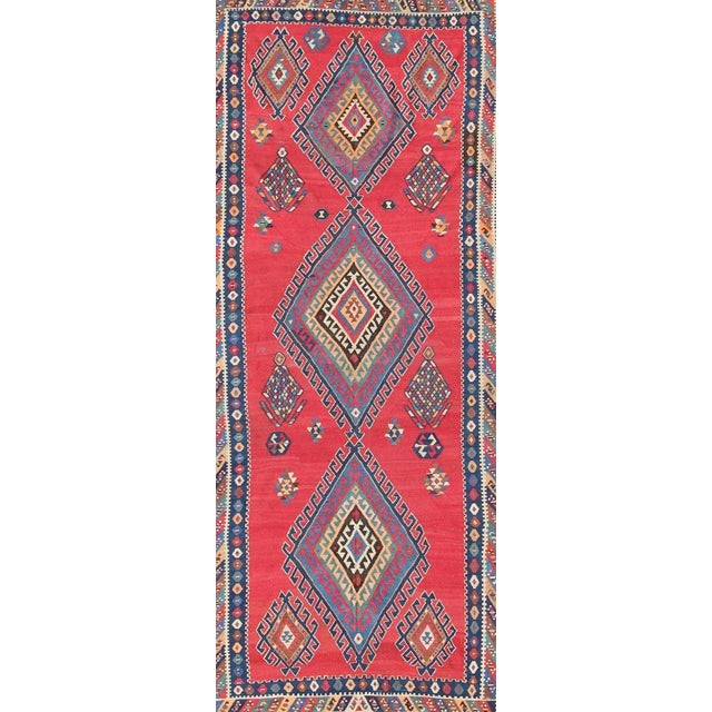 Antique Qashqai Kilim Gallery Rug With Geometric Diamond Design For Sale - Image 4 of 13