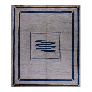 1930s Gray Abstract Medallion Antique Spanish Art Deco Rug 11'10" X 14'3" Knotted Pile Wool Carpet For Sale