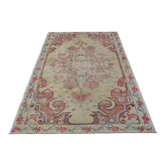 Vintage Floral Turkish Pastel Oushak Rug-4'7x7'3" For Sale