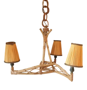 French Rattan Hanging Light with Three Shades, 1950s