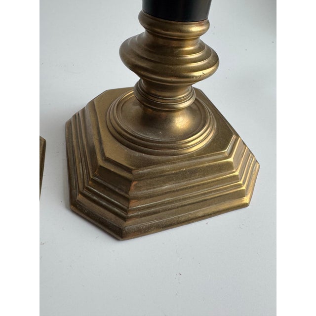 Metal Vintage Brass Candlesticks With Black Columns – Pair For Sale - Image 7 of 8