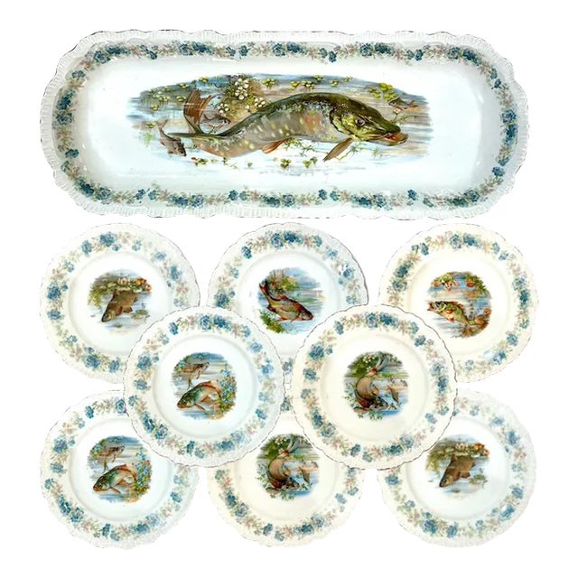 Antique Edwardian Porcelain Fish Service for Eight - Joseph Schachtel, Germany- 9 Pieces For Sale