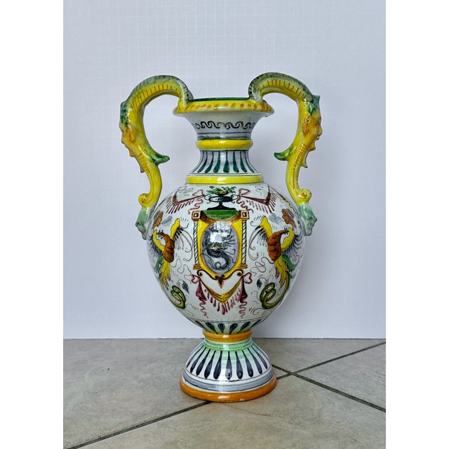 Traditional Italian Majolica Hand Painted Ceramic Pottery Face Handles Vase For Sale - Image 3 of 16