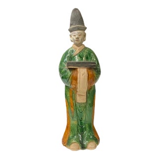 Chinese Green Tri-Color Ceramic Ancient Dressing Art Figure For Sale