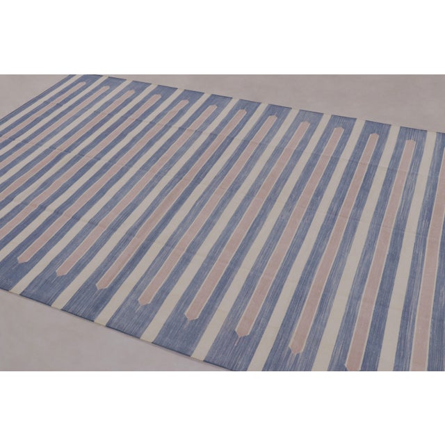Contemporary Rug & Kilim’s Contemporary Dhurrie Rug in Blue and Cream With Stripes For Sale - Image 3 of 10