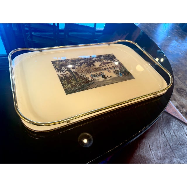 1970s Vintage Italian Scenic Serving Tray With Brass Gallery Rail For Sale - Image 5 of 7
