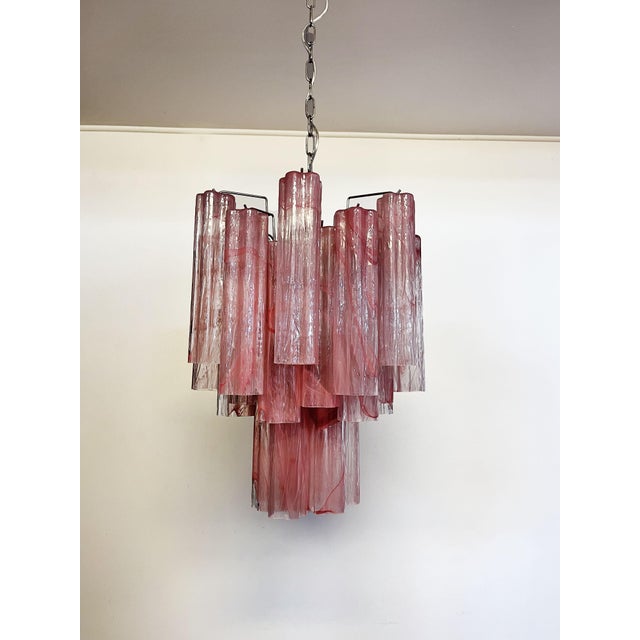 Italian vintage glass chandelier with albaster pingk glass tubes. The armor polished nickel supports 36 large glass tubes...