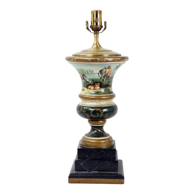 Trophy Vase Lamp Depicting Hunting Party After Tiger For Sale