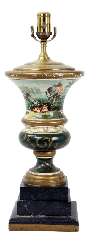 Trophy Vase Lamp Depicting Hunting Party After Tiger