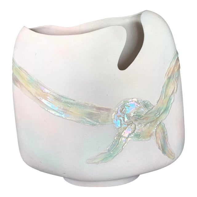 Large Vintage 1980’s Flat White Modern Studio Vase With Pink Ribbon & Bow Design For Sale