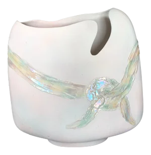 Large Vintage 1980’s Flat White Modern Studio Vase With Pink Ribbon & Bow Design