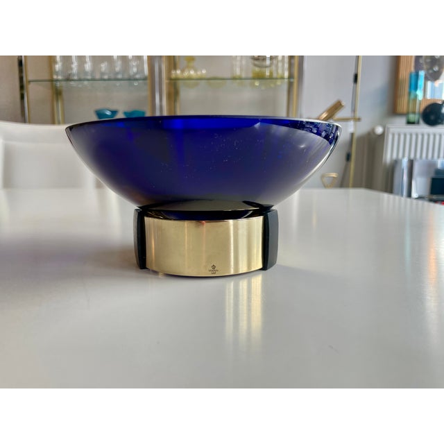 Very rare bowl in cobalt blue glass and brass stand with manufacturer's mark This piece has an attribution mark, I am sure...
