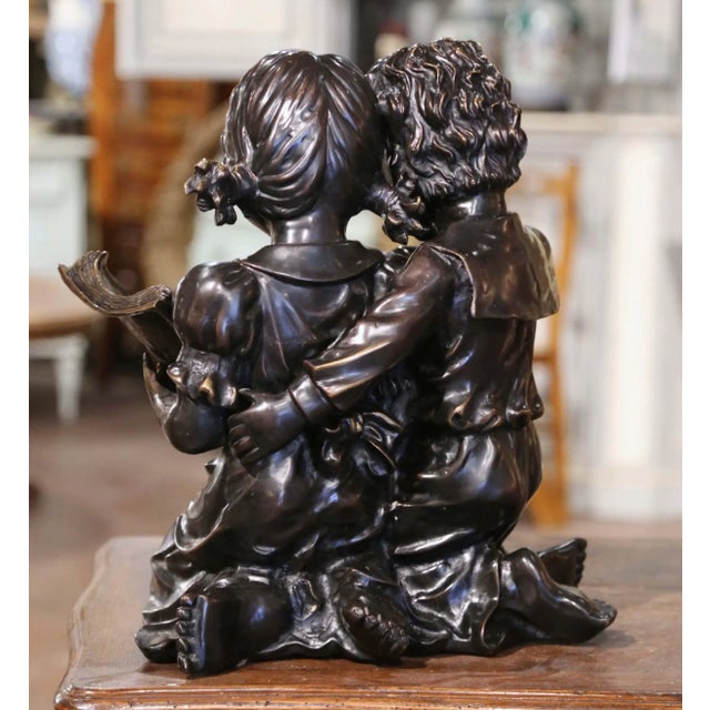 19th Century French Two-Tone Bronze Sculpture of Children Reading For Sale - Image 9 of 12