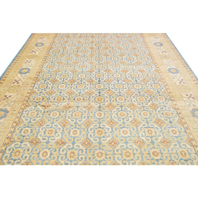 Handmade Modern Khotan Wool Rug With Allover Design in Beige and Blue For Sale - Image 9 of 10